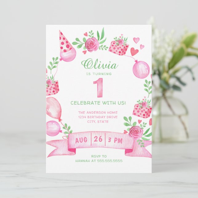 Pink Party Girl's First Birthday Invitation (Standing Front)