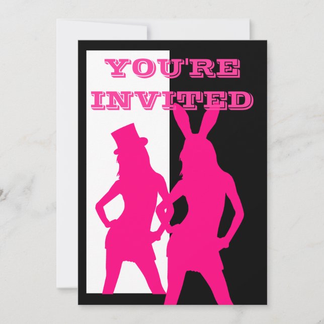 Pink party girls on black and white invitation (Front)