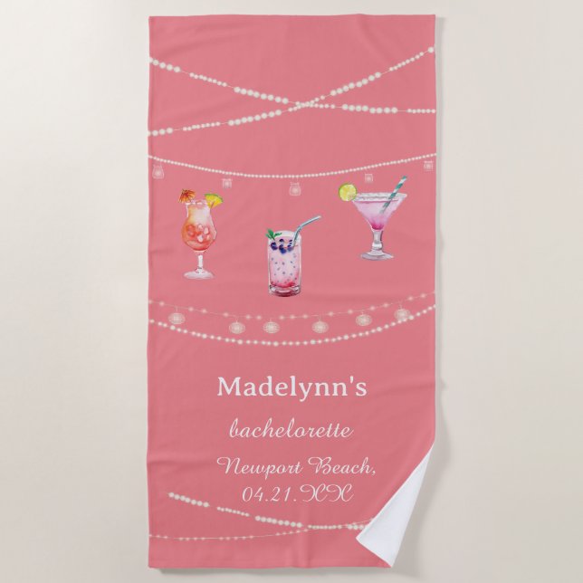 Pink Party Lights Personalised Bachelorette Party  Beach Towel (Front)