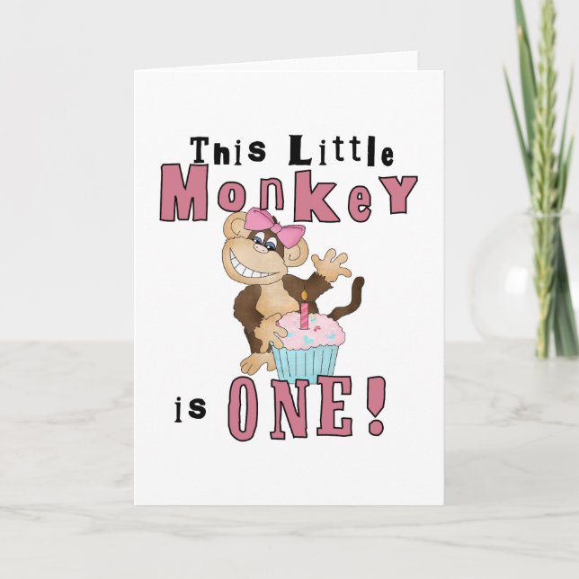Pink Party  Monkey 1st Birthday Tshirts and Gifts Card (Front)