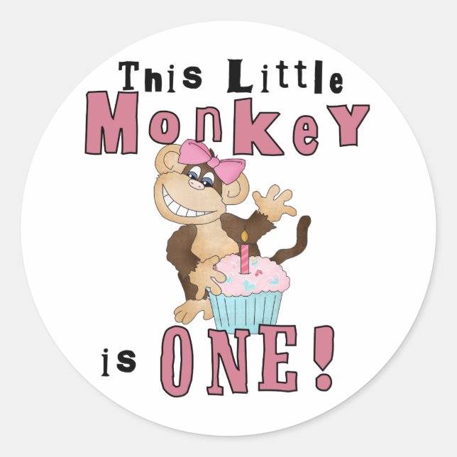 Pink Party  Monkey 1st Birthday Tshirts and Gifts Classic Round Sticker (Front)