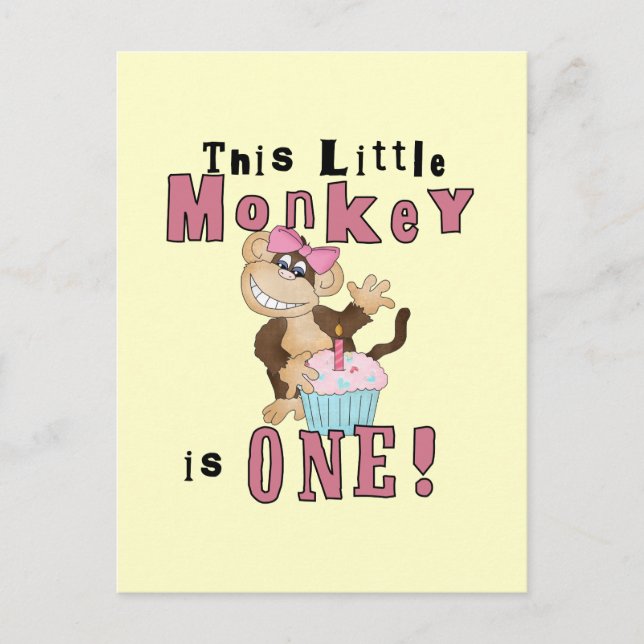 Pink Party  Monkey 1st Birthday Tshirts and Gifts Invitation Postcard (Front)