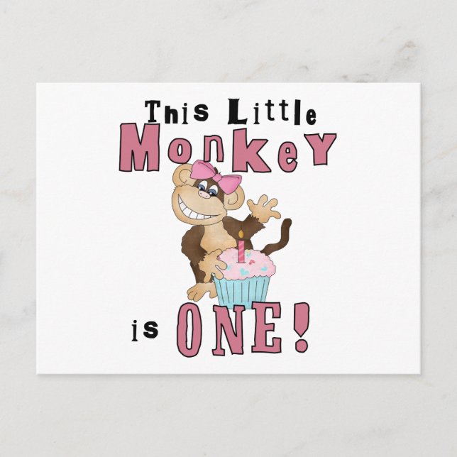 Pink Party  Monkey 1st Birthday Tshirts and Gifts Invitation Postcard (Front)