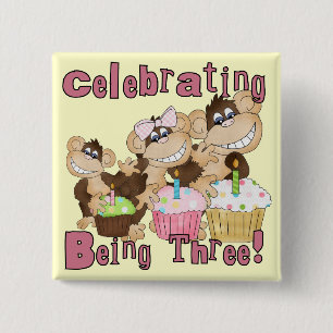 Pink Party Monkey 3rd Birthday Tshirts and Gifts 15 Cm Square Badge