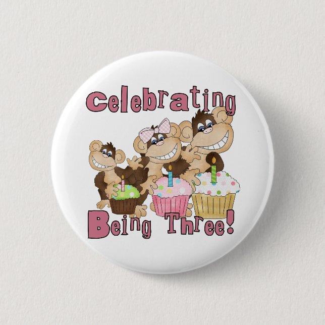 Pink Party Monkey 3rd Birthday Tshirts and Gifts 6 Cm Round Badge (Front)