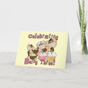 Pink Party Monkey 3rd Birthday Tshirts and Gifts Card