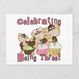 Pink Party Monkey 3rd Birthday Tshirts and Gifts Invitation Postcard