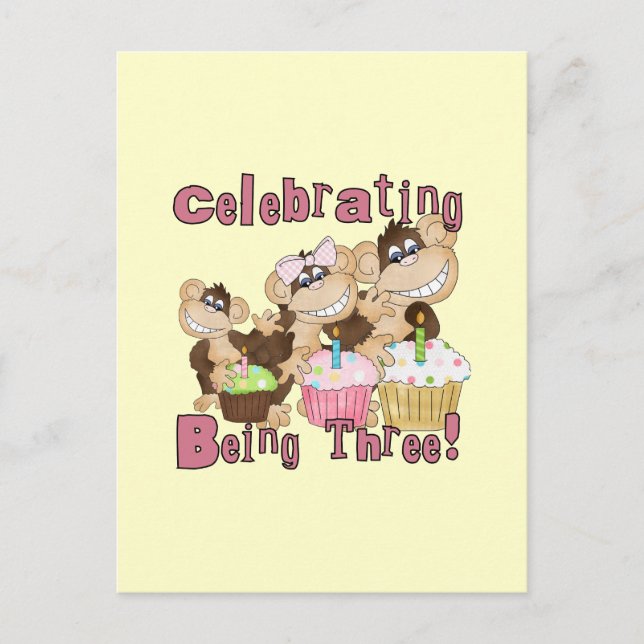 Pink Party Monkey 3rd Birthday Tshirts and Gifts Invitation Postcard (Front)