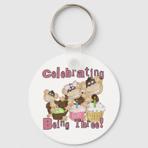 Pink Party Monkey 3rd Birthday Tshirts and Gifts Key Ring