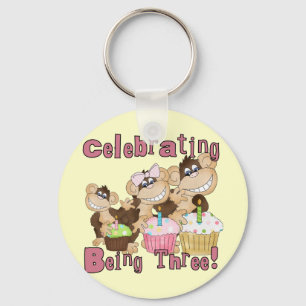 Pink Party Monkey 3rd Birthday Tshirts and Gifts Key Ring