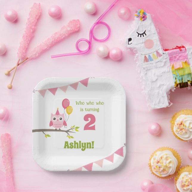 Pink Party Owl Who Is Turning 2 Second Birthday Paper Plate (Party)