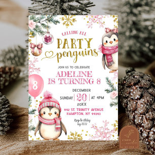 Pink Party Penguins Winter Birthday Invitation