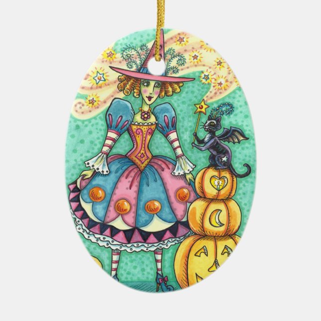 PINK PARTY WITCH IS HALLOWEEN MAGIC, BLACK CAT CERAMIC TREE DECORATION (Front)