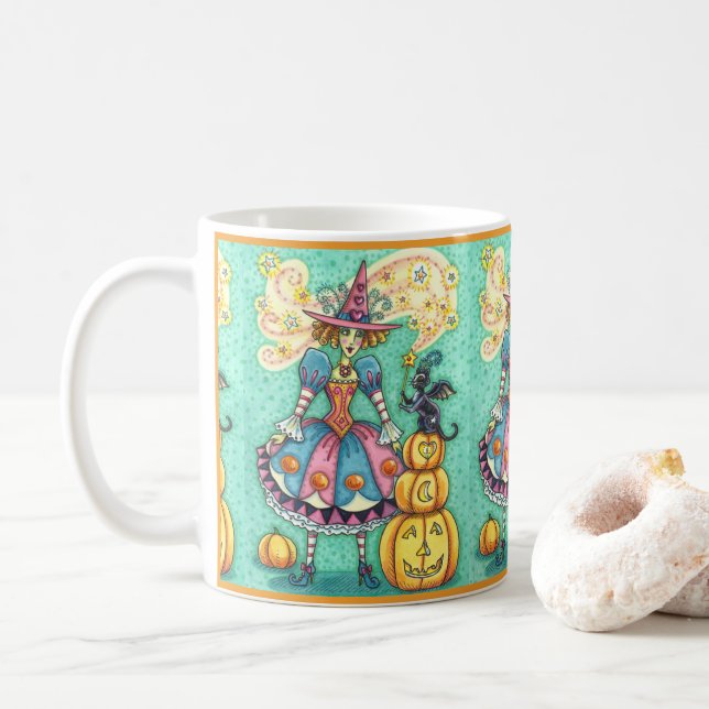 PINK PARTY WITCH IS HALLOWEEN MAGIC, BLACK CAT COFFEE MUG (With Donut)