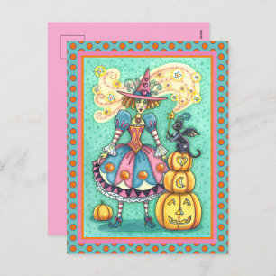 PINK PARTY WITCH IS HALLOWEEN MAGIC, BLACK CAT HOLIDAY POSTCARD