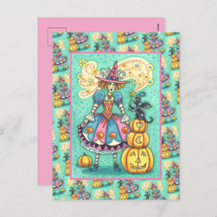 PINK PARTY WITCH IS HALLOWEEN MAGIC, BLACK CAT HOLIDAY POSTCARD