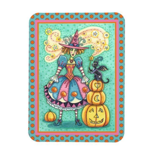 PINK PARTY WITCH IS HALLOWEEN MAGIC, BLACK CAT MAGNET (Vertical)