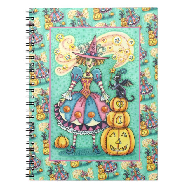 PINK PARTY WITCH IS HALLOWEEN MAGIC, BLACK CAT NOTEBOOK (Front)