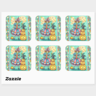 PINK PARTY WITCH IS HALLOWEEN MAGIC, BLACK CAT SQUARE STICKER