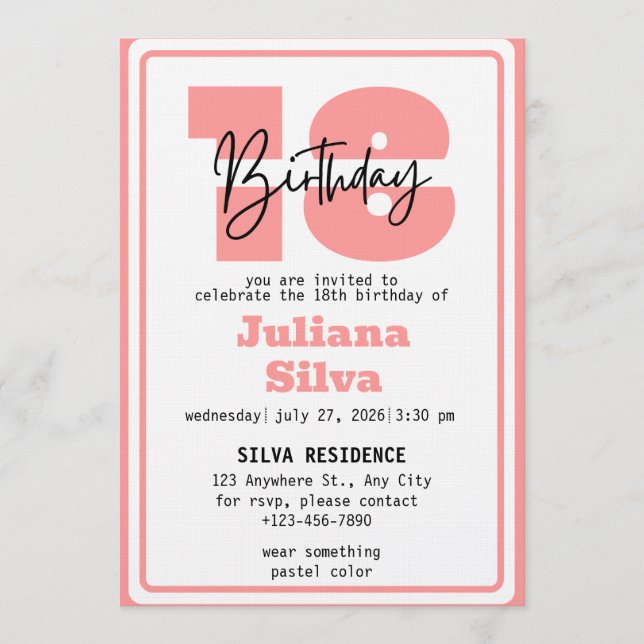 Pink Pastel 18st birthday invitation (Front)