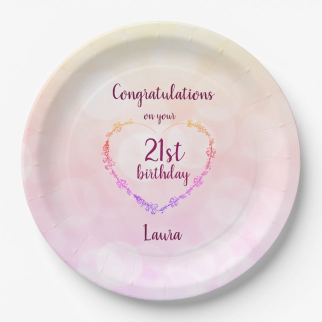 Pink pastel 21st birthday paper plate (Front)