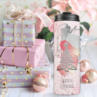 Pink Pastel 6 Photo Template Silver Christmas Thermal Tumbler
