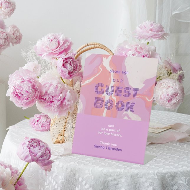Pink Pastel Abstract Art Wedding Guest Book Pedestal Sign (Creator Uploaded)