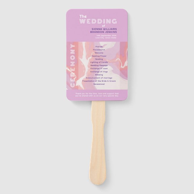 Pink Pastel Abstract Art Wedding Program Hand Fan (Front)