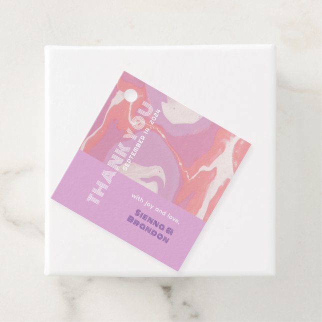 Pink Pastel Abstract Art Wedding Square Favour Tag (In Situ)