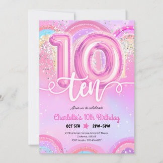 Pink Pastel Balloon 10th Birthday Invitation