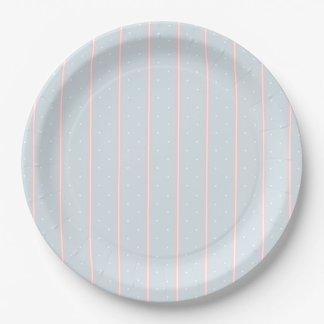 Pink, Pastel Blue, White Dots and Stripes Napkin Paper Plate (Front)