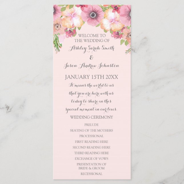 Pink Pastel Blush Floral Wedding Program Programme (Front)