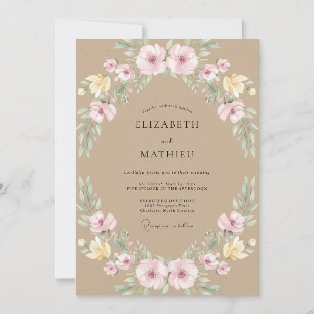 Pink Pastel Botanical Flourish Wedding Invitation (Front)