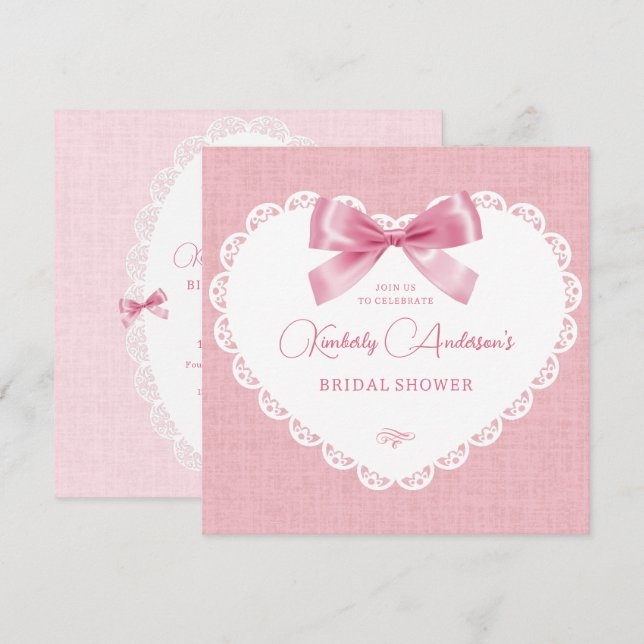 Pink pastel bow aesthetic bridal shower invitation (Front/Back)