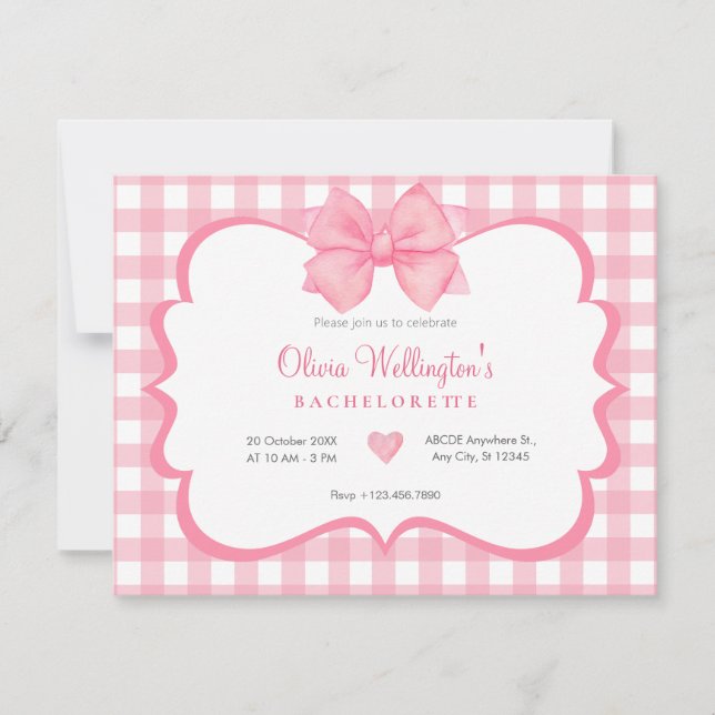Pink pastel bow tartan Bachelorette Invitation (Front)