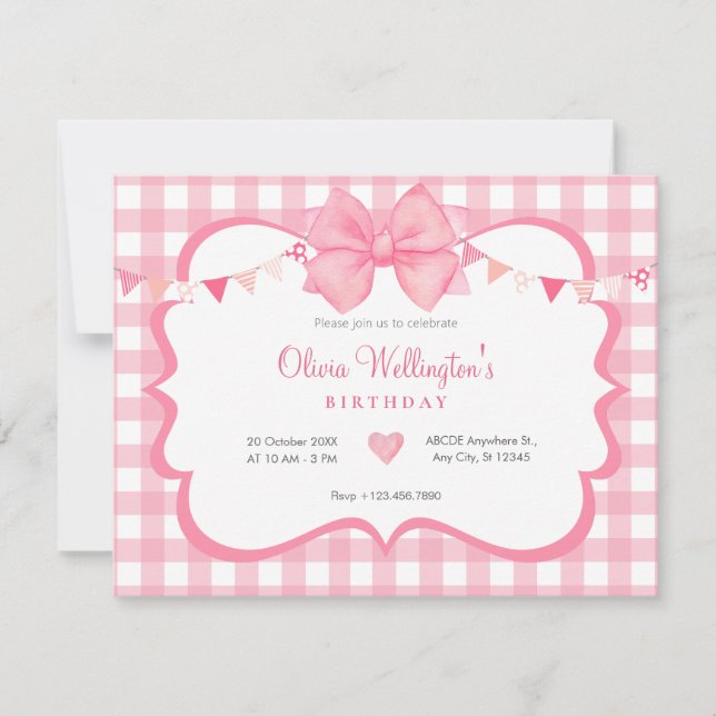 Pink pastel bow tartan birthday invitation (Front)