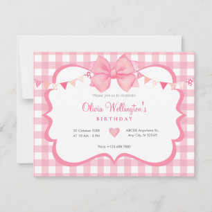 Pink pastel bow tartan birthday invitation