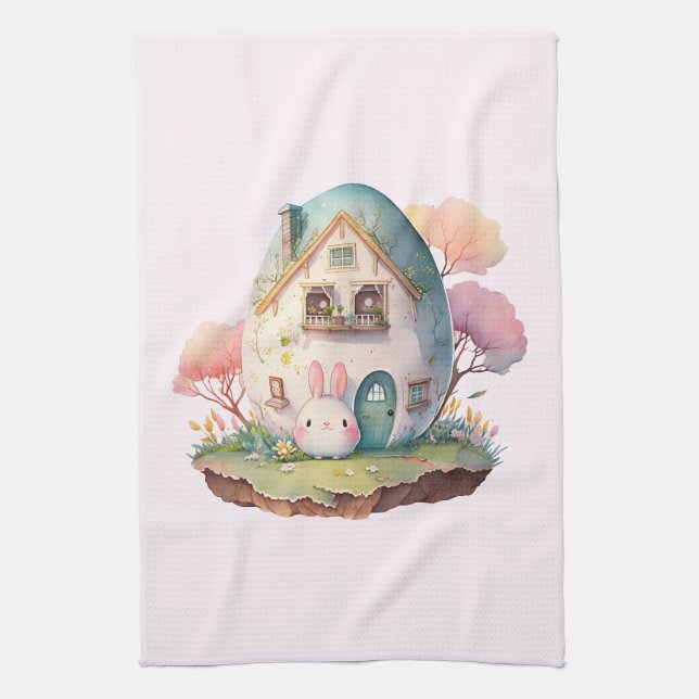 Pink Pastel Bunny & Egg House Cute Tea Towel (Vertical)