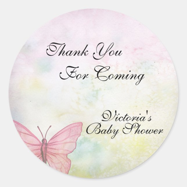 Pink Pastel Butterfly Thank You Baby Shower Classic Round Sticker (Front)