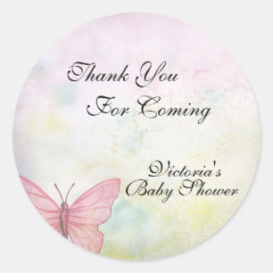 Pink Pastel Butterfly Thank You Baby Shower Classic Round Sticker