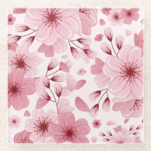 Pink Pastel Cherry Blossom Pattern Glass Coaster