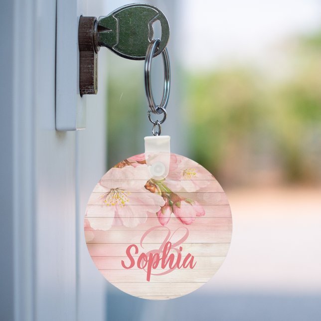 Pink pastel cherry florals monogram  key ring (Creator Uploaded)