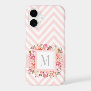 Pink Pastel Chevrons and Floral with Monogram