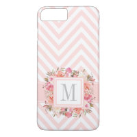 Pink Pastel Chevrons and Floral with Monogram