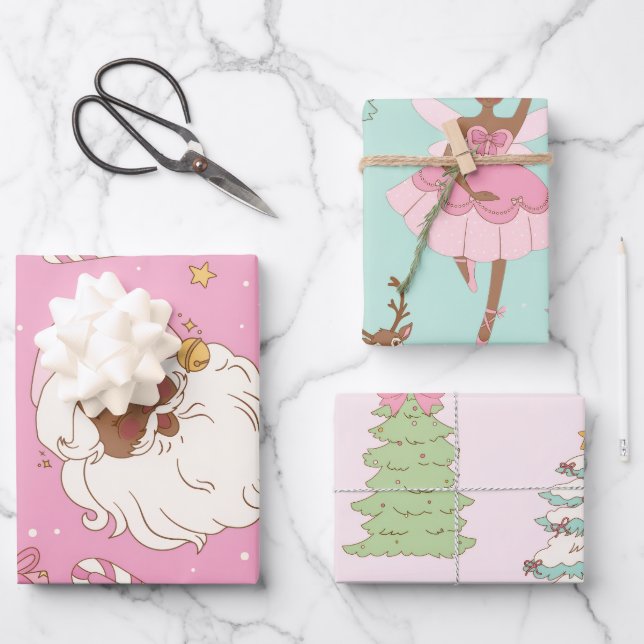 Pink Pastel Christmas Black Santa & Ballerina Wrapping Paper Sheet (Front)
