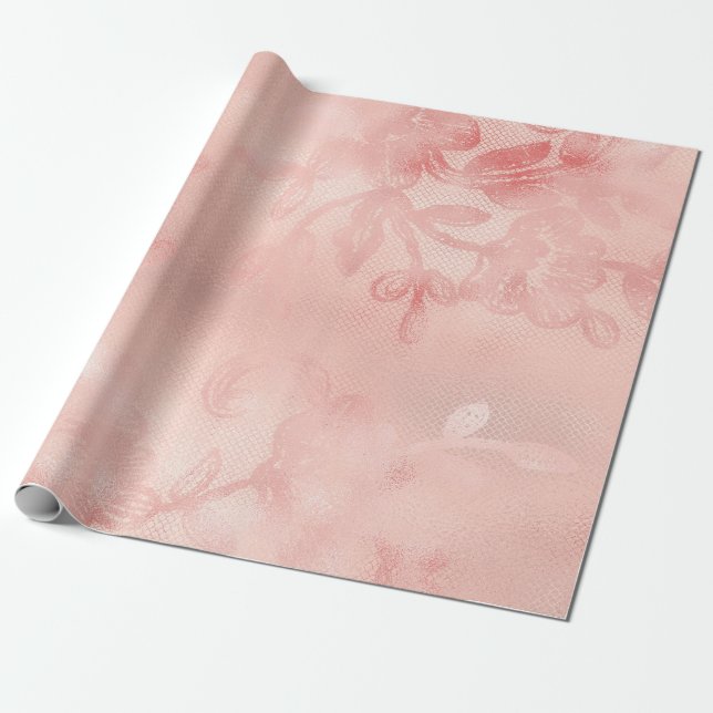 Pink Pastel Coral  Gold Floral Lace Rose Blush Wrapping Paper (Unrolled)