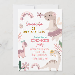Pink Pastel Cute Dino First Birthday Party  Invitation