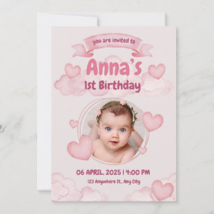 Pink Pastel Cute First Baby Girl Birthday Invitation