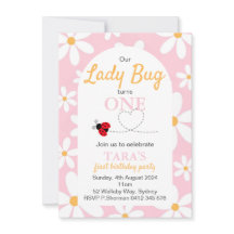 Pink Pastel Daisy Lady Bug Birthday Invitation 