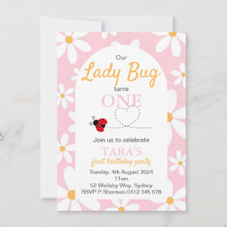 Pink Pastel Daisy Lady Bug Birthday Invitation 